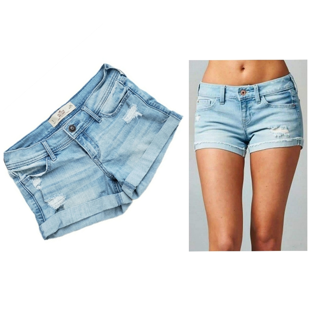 New HOLLISTER Midi Distressed Denim Shorts Longest Length Cuffed Hem SZ 1